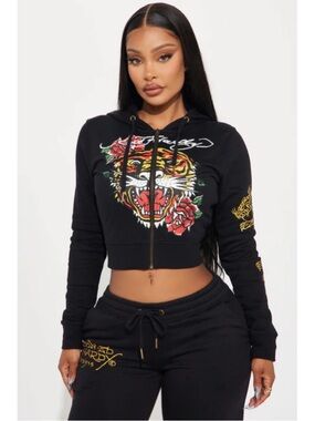 Ed Hardy Black Cropped Zip Hoodie with Tiger & Rose Graphic